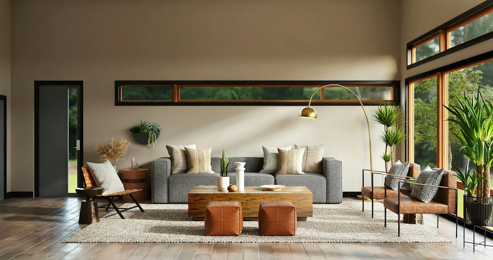 Living luminoso con plantas y muebles de madera